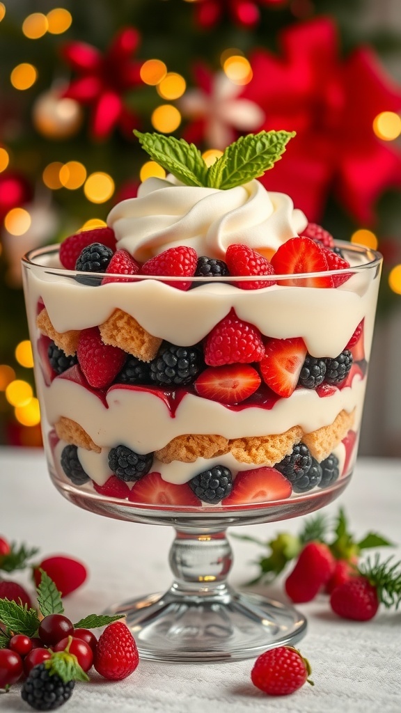 A festive layered Christmas trifle with sponge cake, custard, and berries, topped with whipped cream and mint.